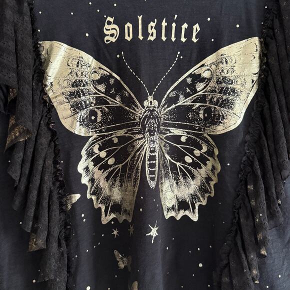 PILCRO | Solstice Golden Hour Tee Gold Butterfly with Lace Ruffle | Extra Small - Picture 4 of 7